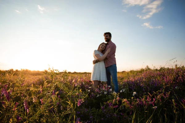 Happy couple embracing outdoors in the meadow — Stock Photo, Image