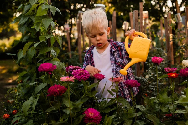 A criança está regando flores no jardim usando uma lata de rega — Fotografia de Stock