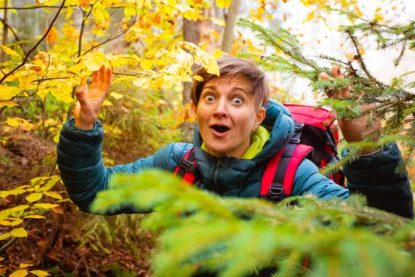 Здивована жінка в осінньому лісі — стокове фото