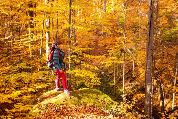 Vrouw staat op de grote steen in het herfstbos — Stockfoto