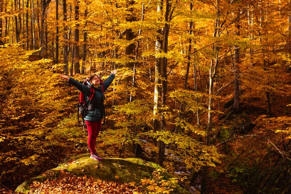한 여성 이 가을 숲 속큰 돌 위에 서 있습니다 — 스톡 사진