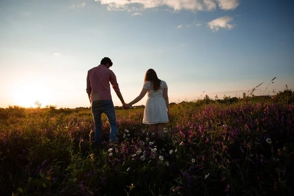 Lovely couple walking in the summer field — Stock Photo, Image