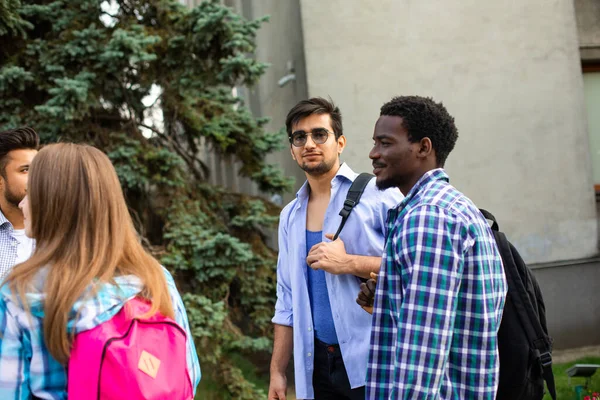 Groupe d'étudiants debout sur le campus et discuter des leçons — Photo