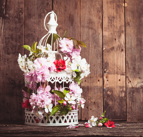 Bird cage with wooden heart