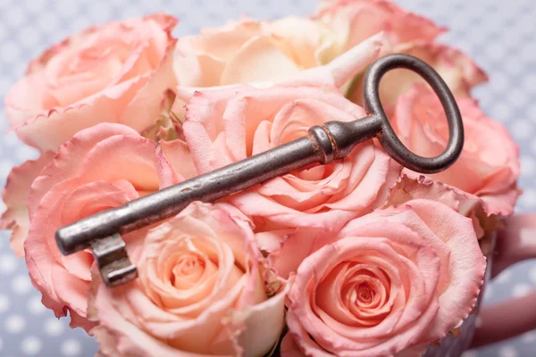 Old key and roses — Stock Photo, Image