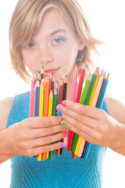 Color pencils in hands — Stock Photo, Image