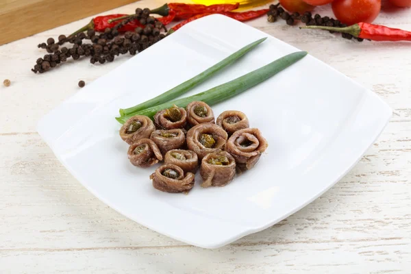 Delicious Anchovies with capers — Stock Photo, Image