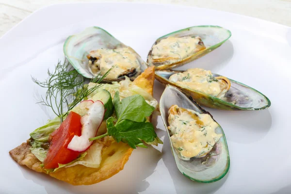 Cozze al forno in salsa alla panna — Foto Stock