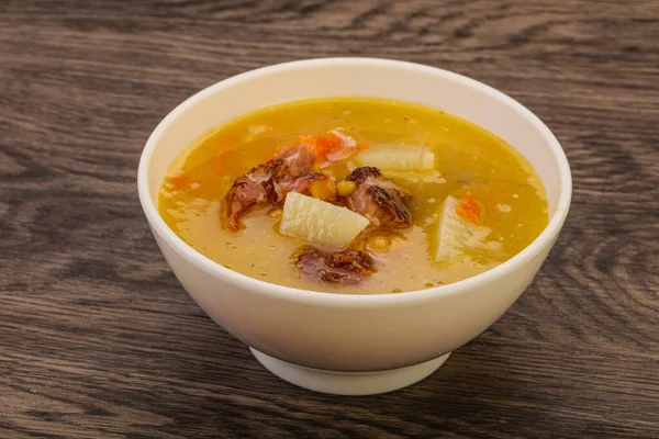 Pea soup with smoked pork ribs — Stock Image Pea Soup Smoked Pork Ribs Stock Photo