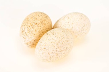 Pişirmeye hazır üç büyük çiğ hindi yumurtası.