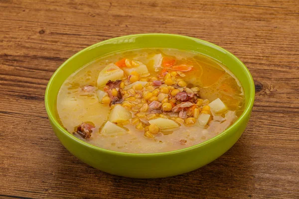 Pea soup with smoked pork ribs — Stock Image Pea Soup Smoked Pork Ribs Stock Photo