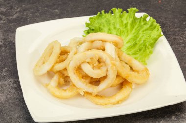 Kavrulmuş kalamar halkaları ve kasede salata.