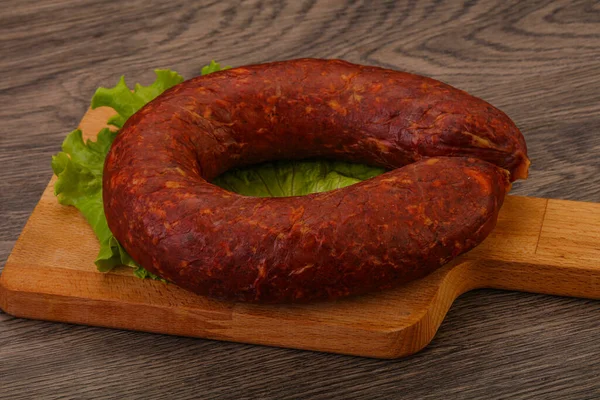 Krakowska Saucisse Sur Planche Avec Des Herbes Des Épices — Photo