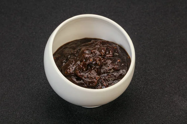 Black Spicy Pepper Sauce Bowl — Stock Photo, Image