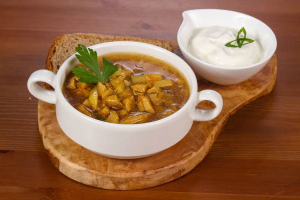Wild mushroom soup with sour cream and herbs — Stock Image Wild Mushroom Soup Sour Cream Herbs Stock Picture