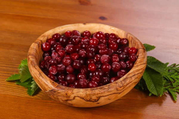 Frosen Cranberry Wooden Bowl — Stock Photo, Image