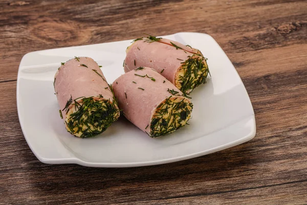 Ham Roll Snack Met Kaas Knoflook Stockafbeelding