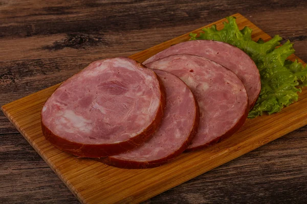 Tranches Jambon Porc Sur Planche Bois — Photo