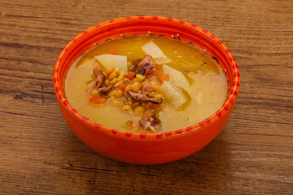 Pea soup with smoked pork ribs — Stock Image Pea Soup Smoked Pork Ribs Stock Photo