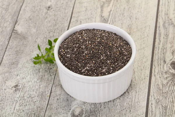 Dietary Chia Frön Skålen Över Trä Bakgrund — Stockfoto