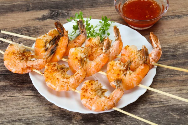 Grilled Prawn Skewer Spicy Sauce — Stock Photo, Image