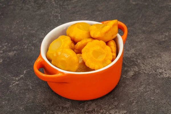 Vegetarian food - Marinated yellow patisson in the bowl