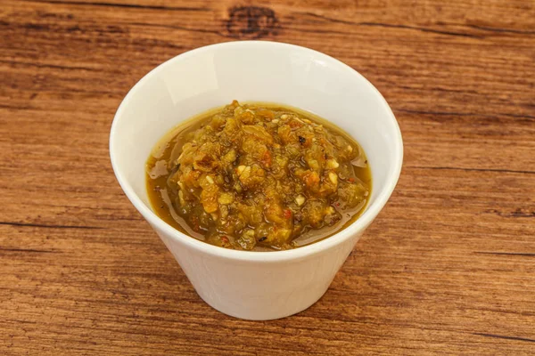 Molho Picante Verde Com Pimenta Tigela — Fotografia de Stock