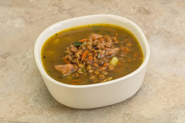 Sopa Tradicional Lentejas Con Pollo Verduras — Foto de Stock