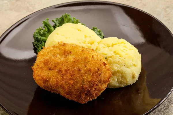 Escalope Poulet Croustillante Viande Hachée Avec Purée Pomme Terre — Photo