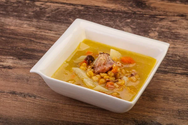 Pea soup with smoked pork ribs — Stock Image Pea Soup Smoked Pork Ribs Stock Image