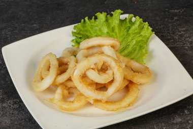 Kavrulmuş kalamar halkaları ve kasede salata.