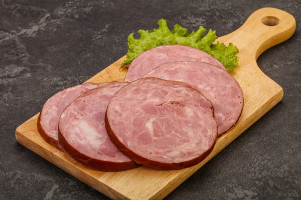 Rodajas Jamón Carne Cerdo Sobre Tabla Madera —  Fotos de Stock