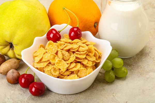 Petit Déjeuner Avec Flocons Maïs Fruits Lait — Photo