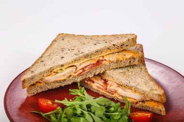 Tavuk göğsü, sos ve peynirli sandviç.