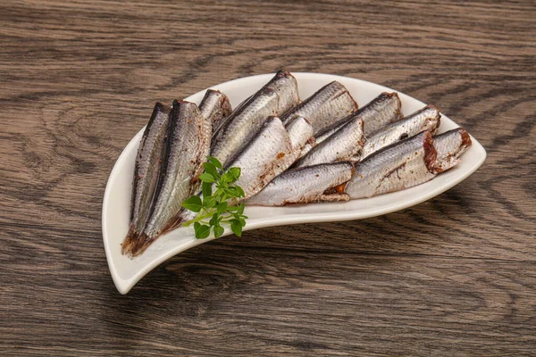 Anchovies Fish Snack Bowl Served Basil Leaves — Stock Photo, Image