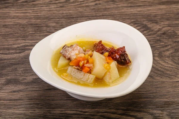 Pea soup with smoked pork ribs — Stock Image Pea Soup Smoked Pork Ribs Stock Image
