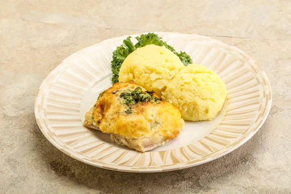 Roasted Pangasius Fillet Mashed Potato Cheese — Stock Photo, Image