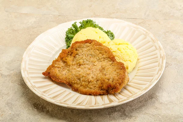 Schnitzel Poitrine Poulet Croustillant Avec Purée Pommes Terre — Photo