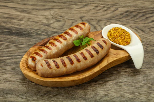 Grilled Natural Pork Sausages Mustard Sauce — Stock Photo, Image