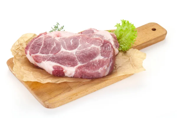 Syrový Vepřový Steak Dřevěné Desce Připravený Vaření — Stock fotografie