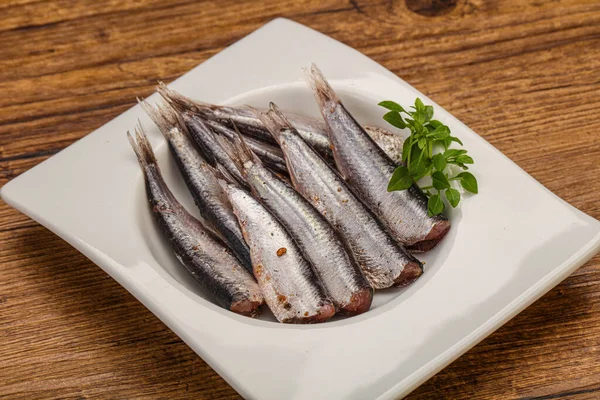 Anchovies Fish Snack Bowl Served Basil Leaves — Stock Photo, Image