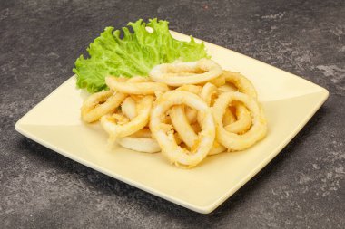 Kavrulmuş kalamar halkaları ve kasede salata.