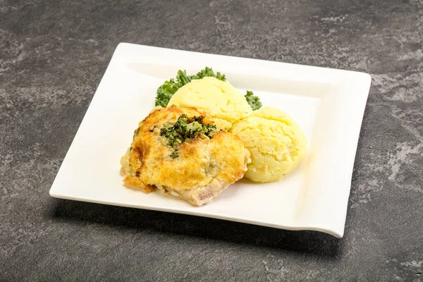 Roasted Pangasius Fillet Mashed Potato Cheese — Stock Photo, Image