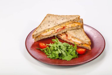 Tavuk göğsü, sos ve peynirli sandviç.