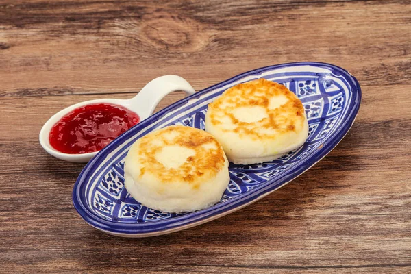 Panqueques Requesón Con Mermelada Fresa Para Desayuno — Foto de Stock