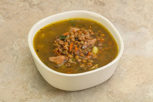 Sopa Tradicional Lentejas Con Pollo Verduras — Foto de Stock