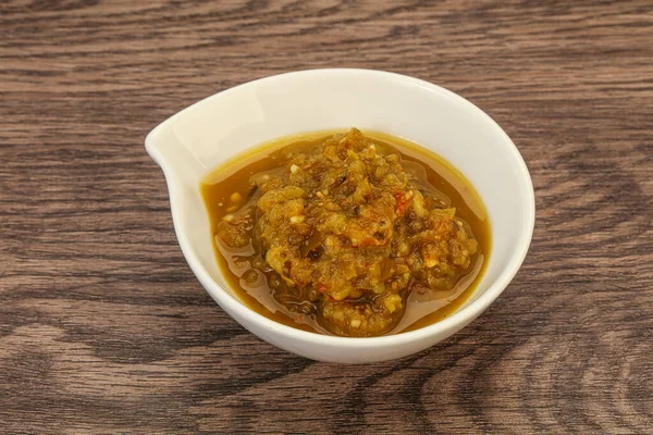 Groene Kruidige Saus Met Peper Kom — Stockfoto