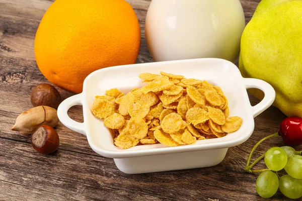 Breakfast Corn Flakes Fruits Milk — Stock Photo, Image