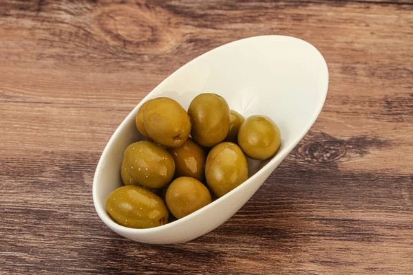 Green Pickled Olives Heap Bowl — Stock Photo, Image