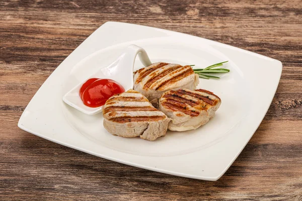 Grilled Pork Medallion Tomato Sauce Served Rosemary — Stock Photo, Image